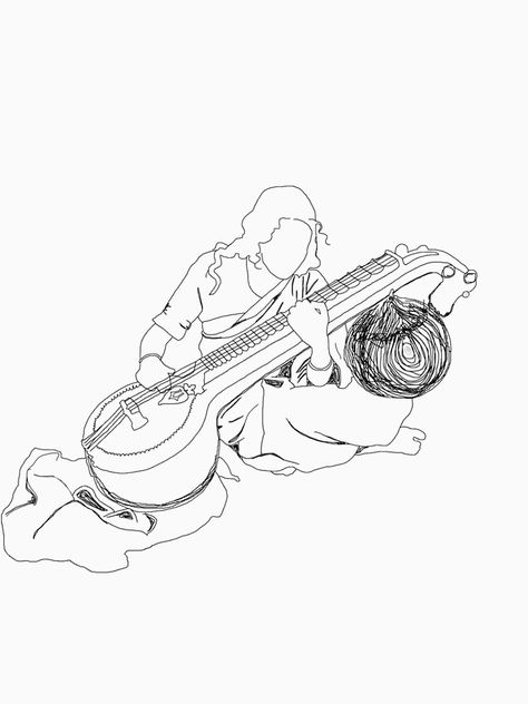 "Sitara . Heritage " T-shirt by kesiyajohny | Redbubble. Line art of woman playing the sitar, an traditional indian musical instrument with brown background. Tags: sitar, music, indian, musician, india, banjo, desi, instrument, colorful, musical, strings, brahma, classical, hindu, hindi, line art, traditional, indie, culture, sitar player, sitarist, hindustani, indian music, woman, girl, heritage, brown girl, brown, vintage, vibe, retro, aesthetic Sitar Instrument Drawing, Tamil Culture Drawing, Indian Culture Drawing, Music Exhibition, Indian Goddesses, Music Sketch, Indian Musical Instruments, Ancient Music, Fabric Guide