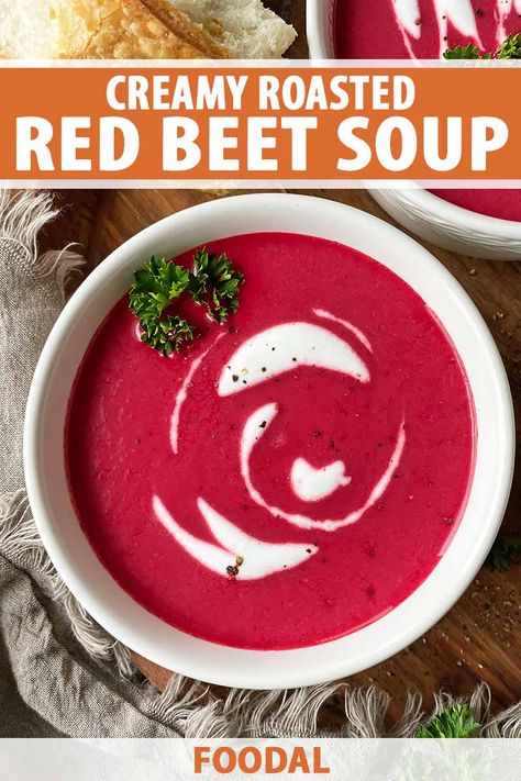 Learn how to transform one of the humblest root vegetables into a delectable dinner tonight. Sweet and earthy, our creamy roasted red beet soup relies on a few culinary tricks to achieve the ultimate velvety texture. Grab your strainer and blender, and read more now on Foodal for the full recipe. #beet #soup #foodal Red Beets Recipe, Roasted Beet Soup, Beet Soup Recipes, Roasted Beets And Carrots, Brunch Salad, Winter Stews, Beet Soup, Chicken Breakfast, Loaded Baked Potato Soup