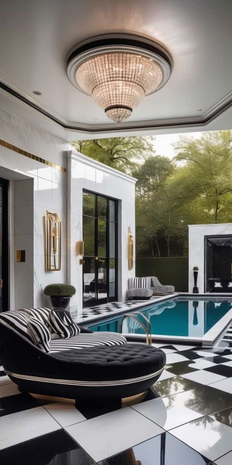 Explore 21 Luxurious Pool Houses with Diverse Design Influences - Peak Patio Life Art Deco Exterior Design, Black And White Pool Decor, Pool Black And White, Black And White Pool, Art Deco Villa, Black Bottom Pools, Glamorous Chandelier, Luxury Pool House, Art Deco Pool