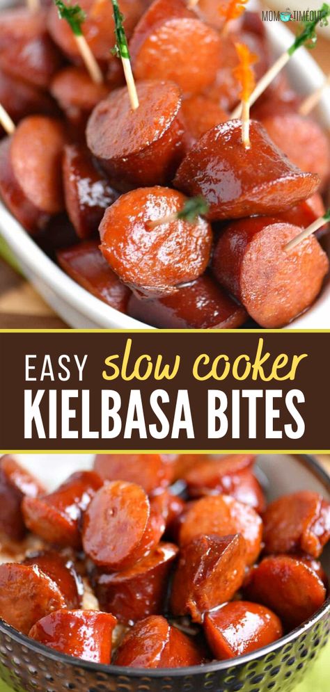 Keilbasa Recipes Pasta, Turkey Kielbasa Recipes, Crockpot Potluck, Recipes Pasta Salad, Kielbasa Appetizer, Crockpot Party Food, Kielbasa Bites, Turkey Kielbasa, Recipes Hamburger