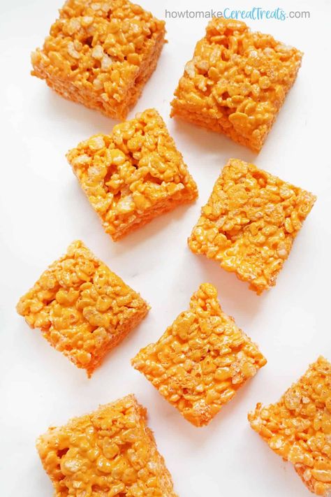 Orange Rice Crispy Treats, Thanksgiving Rice Krispy Treats, Cranberry Orange Rice Krispie Treats, Orange Rice Krispie Treats, Orange Creamsicle Rice Krispie Treats, Orange Food Ideas For Color Party, Orange Color Party Food Snacks Ideas, Orange Colored Food, How To Color Rice Krispie Treats