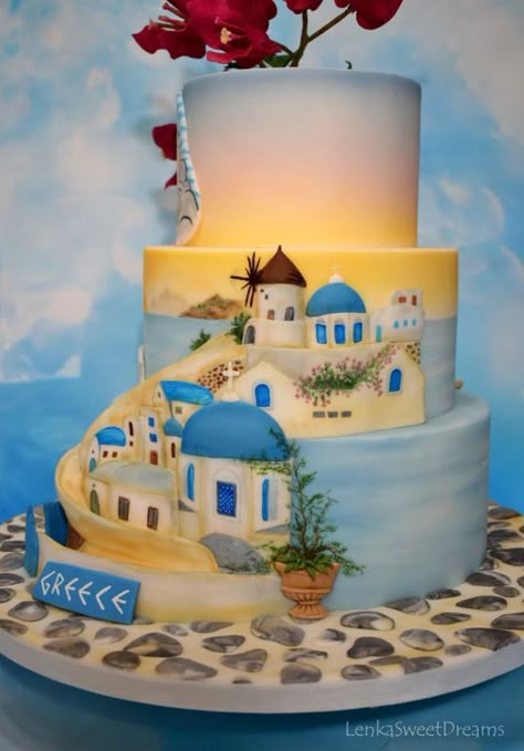 Sunset in Greece. Greek Cake Design, Mama Mia Cake Ideas, Mamma Mia Cake Ideas, Mama Mia Cake, Mamma Mia Cake, Greek Cake, Island Cake, Cake International, House Cake