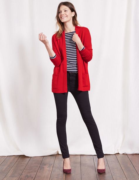 Boden Ivy red Cardigan Cardigan Casual Outfit, Red Cardigan Outfit, Cardigan Verde, Red Cardigan Sweater, Look Jean, Casual Outfit Ideas, Burgundy Jeans, Red Knit Sweater, Burgundy Shoes