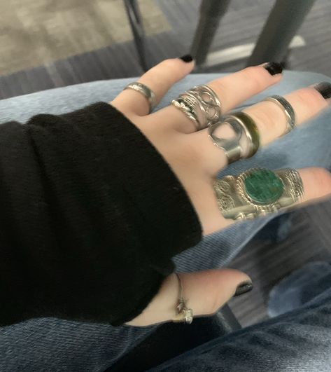 rings hand grunge lesbian alt bi pan tiktok aesthetic jewlery antique ring crystal set photography black nails Jewelry Grunge, My Demons, Grunge Jewelry, Edgy Jewelry, Indie Jewelry, Science, Pins