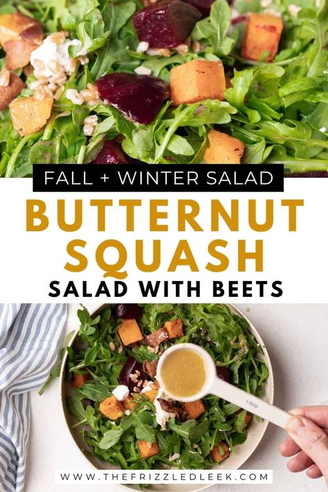 Roasted Beets And Butternut Squash Salad, Butternut Squash Sweet Potato Recipes, Healthy Fall Salads, Beets Roasted, Maple Dijon Dressing, Oven Roasted Butternut Squash, Frozen Butternut Squash, Dijon Dressing, Fall Salad