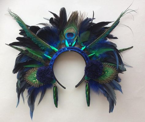 https://www.etsy.com/listing/685376562/super-luxurious-deep-blue-green-beetle?ref=cart Whimsical Green Festival Costume Hats And Headpieces, Peacock Headdress, Peacock Headpiece, Peacock Feather Crown, Hat With Peacock Feathers, Peacock Feather Headband, Blue Feathered Summer Headpieces, Feather Earrings Diy, Festival Headdress