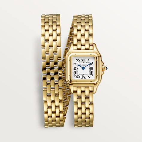 Cartier - Panthère de Cartier watch, small model - Watch Gold - A watch that is also a beautiful piece of jewelry, Panthère de Cartier is one of the most distinctive Cartier designs. Created in the 80s and more contemporary than ever, it is a true style icon for women who never go unnoticed.                     Product Description: Panthère de Cartier watch Small model Quartz movement Case in yellow gold 750/1000 Dimensions: 23 mm x 30 mm Thickness: 6 mm Crown set with a sapphire Silvered dial Blued-steel sword-shaped hands Yellow gold 750/1000 double loop bracelet Water-resistant to 3 bar (approx. 30 meters) Non-contractual photo (the length of the watch strap may vary slightly)