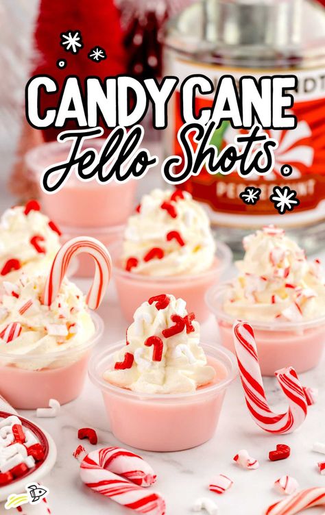 close up shot of Candy Cane Jello Shots Holiday Drink Ideas, Holiday Jello Shots, Jello Pudding Shots, Cranberry Jello, Christmas Jello Shots, Jell O Shots, Recipes With Whipping Cream, Jello Shot Recipes, Easy Treat