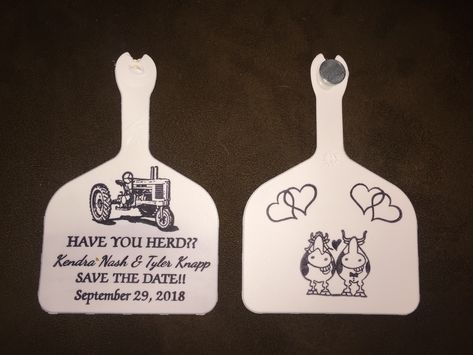 Our save the dates! Stamped cow tags! Cow Renewal Ideas, Christmas Engagement Proposal, Cow Wedding, Wedding Announcements Invitations, Country Wedding Pictures, Boho Wedding Theme, Western Themed Wedding, Rustic Farm Wedding, Christian Wallpapers