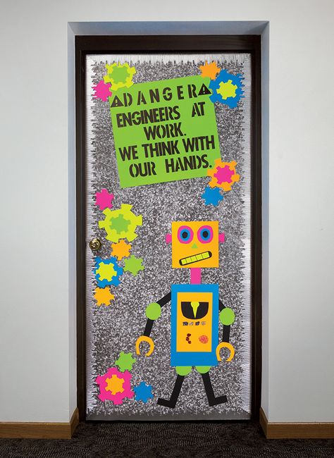 Make your classroom door shine with Fadeless® Designs Galvanized pattern and Silver Metallic Bordette®! Robot Kindergarten, Engineering Classroom, Stem Classroom Decor, Counselor Decor, Robot Classroom, Steam Classroom, Elementary Stem Activities, Poster Boards, Guidance Counselor