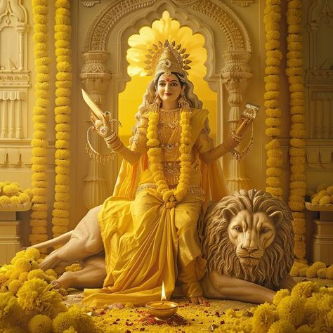 🔔✨ Day 3 of Chaitra Navratri: The Valor of Goddess Chandraghanta ✨🔔 On April 11th, 2024, we honor the formidable Goddess Chandraghanta, whose bell's chime banishes all fear and ushers in a wave of serene bravery. 🦁 #ChandraghantaPuja2024 🌼 Cloaked in vibrant yellow, this day symbolizes the bright energy of life and the essence of spiritual purity. Devotees enrobe in yellow, mirroring the optimism that Goddess Chandraghanta embodies. #NavratriYellowDay 🛕 From temples to homes, the air rever... Maa Chandraghanta Images, Chandraghanta Devi Images, Mahadev Aghori, Chandraghanta Devi, Goddess Chandraghanta, Maa Chandraghanta, Powerful Mantras, 7 Sisters, Chaitra Navratri