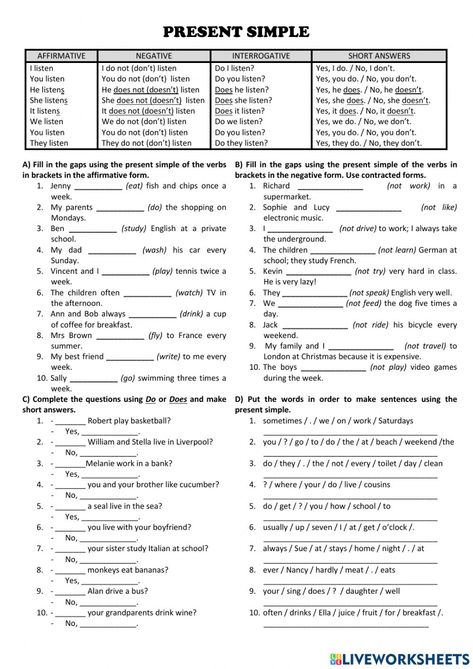 Present Simple Worksheet, Esl Beginners, English Liveworksheet, Free English Courses, Simple Present Tense Worksheets, Junior English, Teach English To Kids, English Grammar Exercises, Multiplication Tables