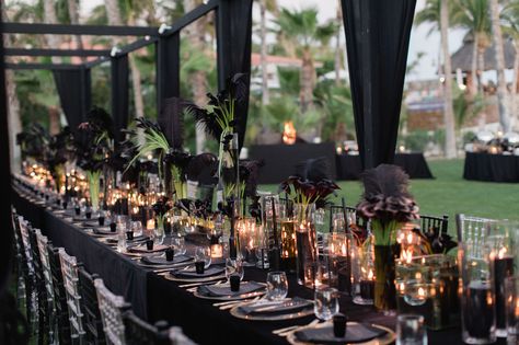 Dramatic Cabo Wedding Black Wedding Design, All Black Wedding Reception Decor, All Black Wedding Reception, Palmilla Cabo, Black Wedding Reception Decor, Black Color Wedding, Black Wedding Reception, All Black Party, Black Wedding Decorations