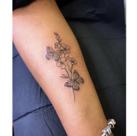 Side Arm Flower Tattoo, Morning Glory And Butterfly Tattoo, Tattoos For 2 Daughters, Flower Back Of Arm Tattoo, Flower Tattoo With Butterflies, Flowers With Butterflies Tattoo, Girly Forearm Tattoo, Women Butterfly Tattoos, Butterfly Tattoo Forearm For Women