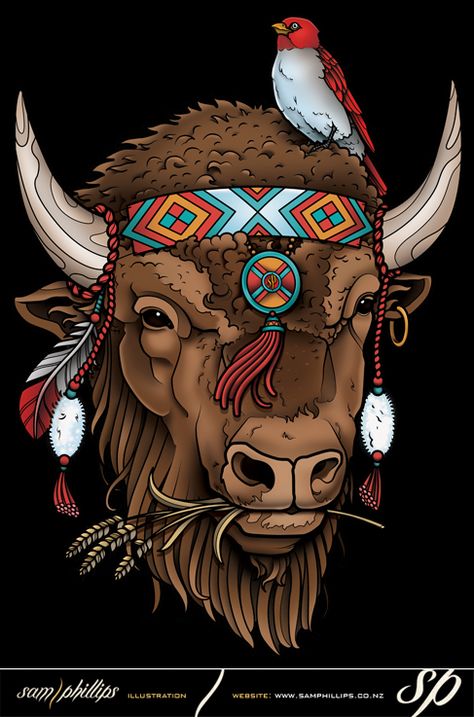 Bison Artwork, Bison Tattoo, Buffalo Tattoo, Buffalo Design, Half Sleeve Tattoos Forearm, Sam Phillips, Bison Art, Buffalo Art, American Indian Tattoos