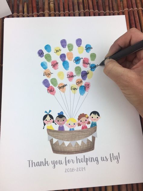 Teacher Appreciation Picture Ideas, Teachers Presents Ideas, Daycare Thank You Gift Ideas, Fingerprint Teacher Appreciation Gift, Kindergarten Teacher Gift Ideas, Hot Air Balloon Fingerprint Art, Present For Kindergarten Teacher, Teacher Surprise Ideas, Goodbye Present For Teacher