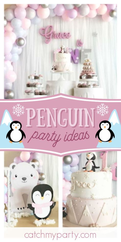 Feast your eyes on the fun artic penguin birthday party! The cake is so cool! See more party ideas and share yours at CatchMyParty.com #catchmyparty #partyideas #penguins #penguinparty #winterparty #girbirthdayparty Artic Birthday Party Ideas, Penguin Birthday Party Girl, Penguin Birthday Party Ideas, Penguin Baby Shower Ideas, Penguin Birthday Party Decorations, Penguin Party Ideas, Penguin Themed Birthday Party, Arctic Party, Winter Birthday Themes