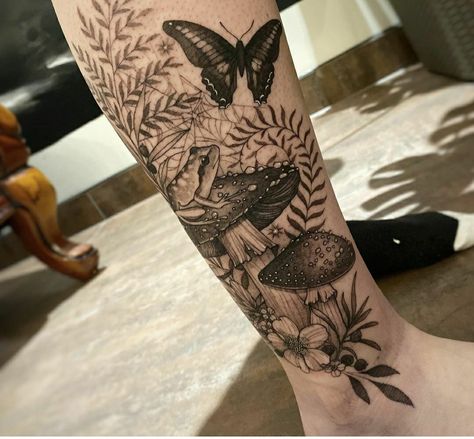 Forest Chest Tattoo, Floral Tattoo Design Ankle, Woodland Leg Sleeve Tattoo, Tatttooo Ideas For Women Leg, Whimsical Garden Tattoo, Ornamental Tattoo Leg, Cottage Core Tattoo Sleeve, Woodland Tattoo Ideas, Forrest Tattoo Designs Women