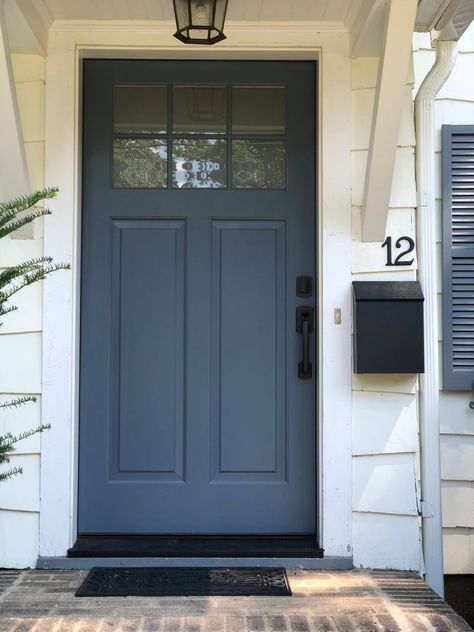 Navy Blue Door Exterior, Hale Navy Door, White House Navy Shutters, Colored Front Door White House, Dark Blue Front Door Colors, Hale Navy Front Door, Door And Shutter Color Combinations, White Ranch House, Blue Front Door Colors