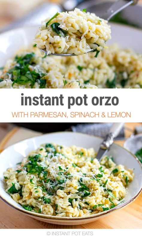 Learn how to make Instant Pot Orzo with lemon, Parmesan cheese and spinach for a perfect, hearty side dish or main. This lemony, cheesy orzo recipe only takes 20 minutes from start to finish and is vegetarian-friendly. #instantpotrecipes #risoni #spinach #pastarecipes #vegetarian Vegetarian Recipes Dinner Instant Pot, Lemon Risotto Instant Pot, Instant Pot Orzo Recipes, Orzo Instant Pot Recipes, Instant Pot Dutch Oven Recipes, Instant Pot Lemon Orzo, Orzo Instant Pot, Instant Pot Orzo, Pasta In Instant Pot