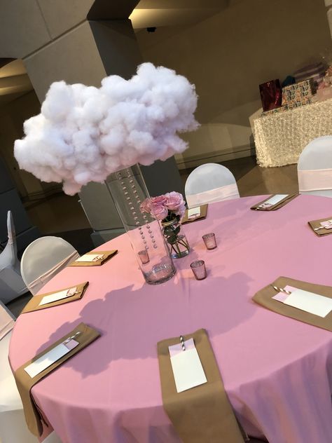 How To Make A Cloud Centerpiece, Up In The Clouds Birthday Party, Heaven Centerpieces, Cloud Theme Party Backdrops, Cloud Bday Theme, Cloud Themed Centerpieces, Cloud Table Decorations, Cloud Nine Centerpiece, Heaven On Earth Theme Party