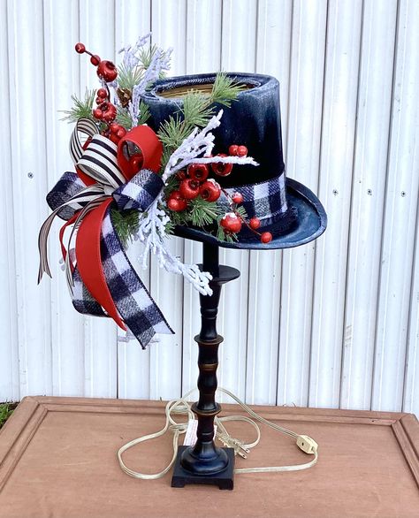 That Homey Feel - Here’s the snowman hat lamp we decorated... Hats 2023, Snowman Hats, Christmas Pizza, Wood Door Hanger, 30th Birthday Decorations, Christmas Wear, Snowman Hat, Christmas Hats, Pizza Pan