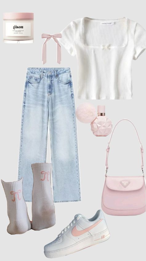 #outfit #college #collegefit #fit #shufflesfyp #shufflefyp #pintrest #pink #bows #jeans #airforce Pink Bow Outfit, Pink Top Outfit, Style Flare Jeans, Bow Jeans, Outfit College, Light Pink Tops, College Fits, Pink Bows, College Outfits