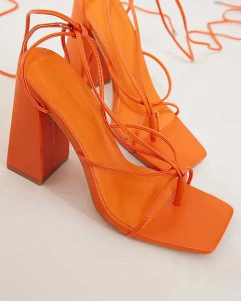 Orange High Heels, Heels Aesthetic, Orange Heels, Shoes Heels Classy, Strappy Block Heels, Lace Up High Heels, Colorful Heels, Short Heels, Prom Heels