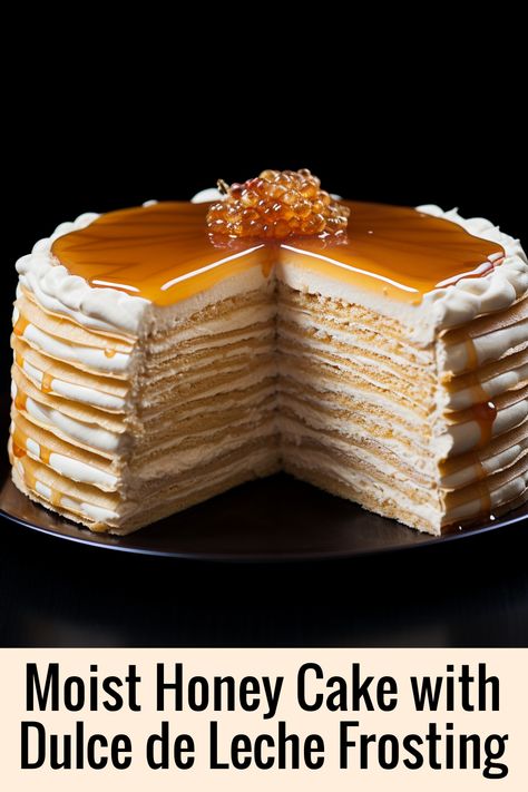 Soft honey cake disks, dulce de leche buttercream, and a touch of dark rum create a moist and flavorful cake perfect for any celebration. Honey Cake Decoration, Dessert Centerpiece, Rum Syrup, Honey Cake Recipe, French Cake, Creamed Honey, Honey Cake, Dark Rum, Dessert Lover