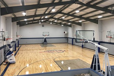 Metal Basketball Court Warehouse Basketball Court, Steel Building Basketball Court, Recreational Building Design, Home Gymnasium, Barndominium Basketball Court, Basketball Gym Design, Luxury Basketball Court, Gym Seating Area, Home Basketball Court Indoor