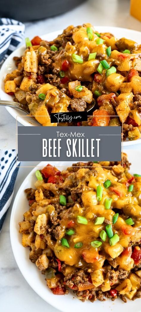 30-Minute Tex-Mex Beef Skillet Tex Mex Recipes Beef, Meat Skillet Recipes, Ground Beef One Pan Meal, Tex Mex Ground Beef Recipes, Tex Mex Skillet, Hamburger Casseroles, Casserole Meals, Food Entrees, Easy Honey Garlic Chicken