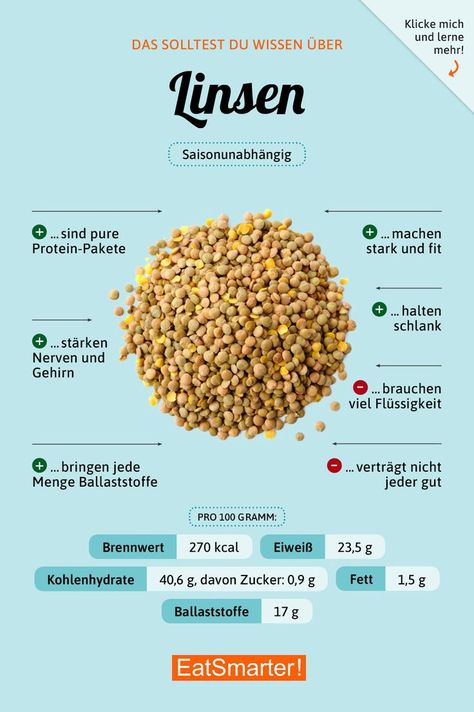 Das solltest du über Linsen wissen! #ernährung #infografik #linsen Baking Soda Beauty Uses, Best Fat Burning Foods, Good Foods To Eat, Eat Smart, Food Facts, Eat Smarter, Fat Burning Foods, Healthy Nutrition, Nutrition Tips