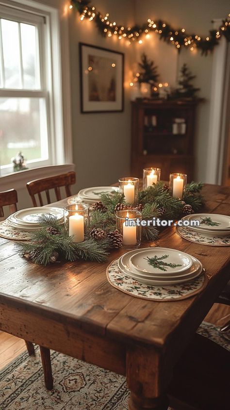 Space-Efficient Christmas Decorating Ideas for Small Spaces Small Christmas Table Setting, Small Christmas Table, Small Dining Table Christmas Decor, Diy Felt Christmas Tree, Slim Tree, Slim Christmas Tree, Pine Cone Decorations, Christmas Time Is Here, Christmas Arrangements