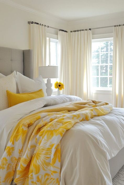 25 Yellow Bedroom Ideas That Will Give Your Space a Major Energy Boost Bedroom Yellow Walls, Room With Yellow Accents, Yellow Bedroom Ideas, Wrought Iron Headboard, Yellow Bedspread, Yellow Accent Walls, Bedroom Yellow, Iron Headboard, Diy Bathroom Makeover