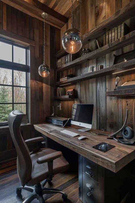 Discover the perfect blend of modern technology and rustic charm in these elevated home offices. With wood floors, walls, and ceilings, these spaces exude warmth and coziness. The soft glow of light bulbs hanging from above creates a serene atmosphere, perfect for focused work or creative inspiration. Embrace the beauty of nature with these captivating home office designs. #TechSavvySanctuaries #RusticCharm #WoodenElegance #HomeOfficeInspiration Natural Office Design Inspiration, Natural Office Design, Light Bulbs Hanging, Amazing Home Office, Natural Office, Home Office Designs, Elevated Home, High Tech Design, Office Design Inspiration