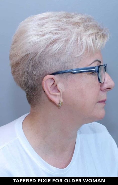 Request this seriously cool tapered pixie for older women for your next cut! Ready for more inspo? See the 16 incredible examples of pixie cuts for older ladies with glasses for a modish look. // Photo Credit: @pinup_barber_studio on Instagram Pixie Cuts For Older Women, Tapered Pixie, Very Short Hairstyles, Short Hairstyles For Older Women, Pixie Hair Cuts, Hair And Glasses, Women With Glasses, Short Sassy Haircuts, Sassy Haircuts