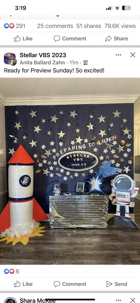 Rocket Ship Decorations Space Party, Vbs Rocket Ship, Space Bible School Ideas, Outer Space Book Fair, Outer Space Graduation Theme, Space Theme Book Fair, Space Theme Hallway, Space Graduation Theme, Stellar Vbs Decorations