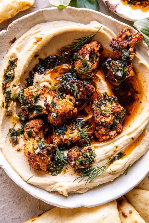 Roasted Cauliflower Hummus, Crispy Roasted Cauliflower, Cauliflower Hummus, Half Baked Harvest Recipes, Harvest Recipes, Homemade Hummus, Half Baked, Half Baked Harvest, Hummus Recipe