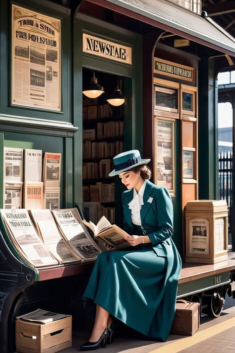 Vintage Reading at the Train Station. A woman reads a book... by ЛАР ИСА - Playground Train Track Poses, Vintage Train Station, Library Photo Shoot, Woman Reading Book, Train Illustration, London Painting, Vintage Reading, Portraiture Art, Books To Read For Women