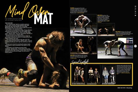 Yearbook Spreads Clubs, Sunset Yearbook Theme, Wrestling Yearbook Spread, Sports Yearbook Spreads, Cheer Yearbook Spread, Yearbook Themes High School, Yearbook Headlines, High School Yearbook Themes, Yearbook Spreads Ideas Layout