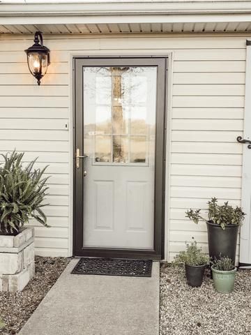 Storm Doors For Front Door, Door With Storm Door, Storm Door Makeover, White Storm Door, Curb Appeal Easy, Larson Storm Doors, Door Update, Steel Pergola, Grey Houses