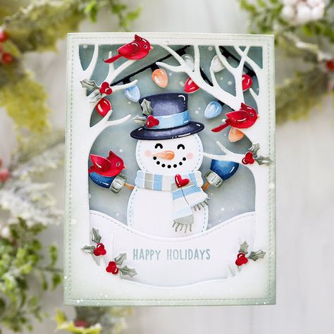 Snowman Christmas Card - Scrapbook.com Spooky Forest, Forest Backdrop, Halloween Lawn, Lawn Fawn Blog, Snowman Christmas Cards, Forest Backdrops, Lawn Fawn Stamps, Snowman Cards, Lawn Fawn Cards