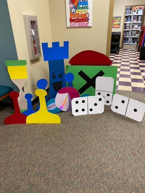 Board Games Theme Party Decorations, Game Show Decorations, Arcade Reference, Boardwalk Games, Maths Classroom Displays, Freshman Orientation, Board Game Themes, Diy Party Games, Vbs Decorations