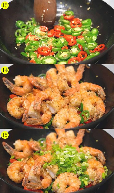 Salt and Pepper Shrimp - Recipes by Nora Shrimp And Peppers Recipe, Shrimp Stuffed Peppers, Sweet And Sour Shrimp, Asian Fried Shrimp Recipes, Salt Pepper Shrimp, Crispy Shrimp Recipes, Salt Pepper Shrimp Recipe, Salt And Pepper Shrimp Recipe, Asian Style Shrimp