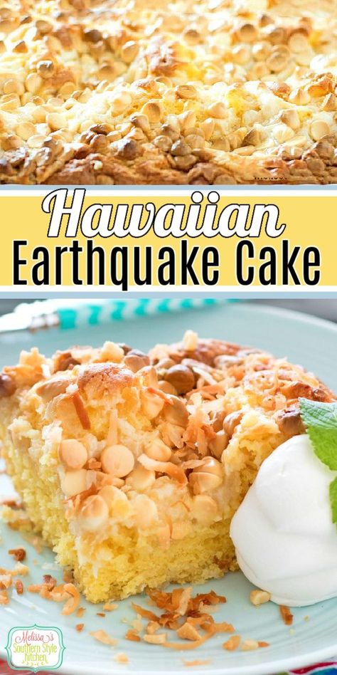 Hawaiian Earthquake Cake Desserts Pineapple, Unhealthy Recipes, Earthquake Cake Recipes, Southern Cakes, Hawaiian Desserts, Hawaiian Cake, Luau Food, Earthquake Cake, Coconut Dessert