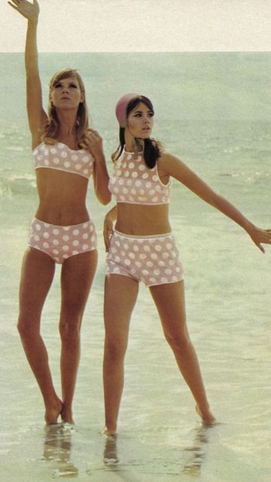 1960s Pink and White Polka Dot Bikinis. Bikinis Retro, Colleen Corby, Jean Shrimpton, Lindy Hop, Fashion 1960s, Sharon Tate, Vintage Swimwear, Jane Birkin, 1960s Fashion