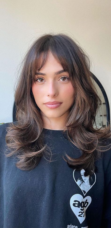 medium layers, medium layered haircut, curtain bangs, haircut with curtain bangs, medium layered haircut with bangs Dark Chocolate Brunette, Best Fall Hair Colors, Chocolate Brunette, Summer Hair Care, Medium Layered Haircuts, Stronger Hair, Healthier Hair, Cut My Hair, Fall Hair Colors