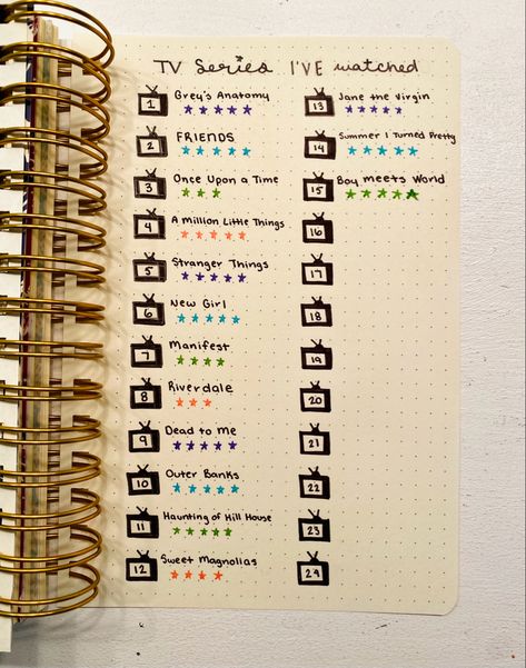 This list helps me remember which shows I have recently watched & and the rating I gave it! doodles, television shows, tracker, bullet journal, notebooks, ratings, movies, must-watch list Journal Tv Show Tracker, Normal Journal Ideas, Movies Watched Journal, Rating Aesthetics, Bujo Tv Show Tracker, Movies To Watch Journal Page, Movie List Bullet Journal Ideas, Tv Show Journal Page, Bullet Journal Tv Show Tracker