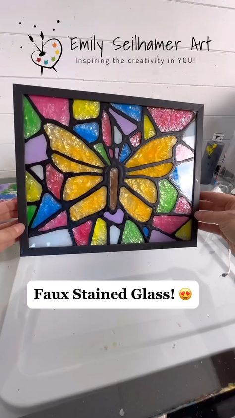 Emily Seilhamer | How to make faux stained glass 😍 Full tutorial out now! #diyideas #easycrafts #artsandcrafts #eastercrafts #tutorials | Instagram Outdoor Art Diy, Stained Glass Diy Tutorials, Glass Crafts Diy, Middle School Art Projects, Tip Jar, Tape Painting, Stained Glass Paint, Making Stained Glass, Painting Plastic