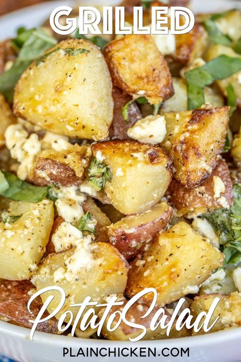 Zoe’s Potato Salad, Roasted Potato Salad With Lemon And Feta, Leftover Roasted Potatoes Recipes, Olive Oil Potato Salad, Potato Bbq Recipes, Greek Bbq Ideas, Cold Potato Recipes, Bbq Potatoes Recipes, Lemon Potato Salad